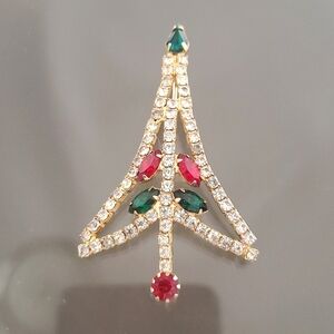 Vintage Pin Christmas Tree Brooch Holiday Post Modern Rhinestone Glass